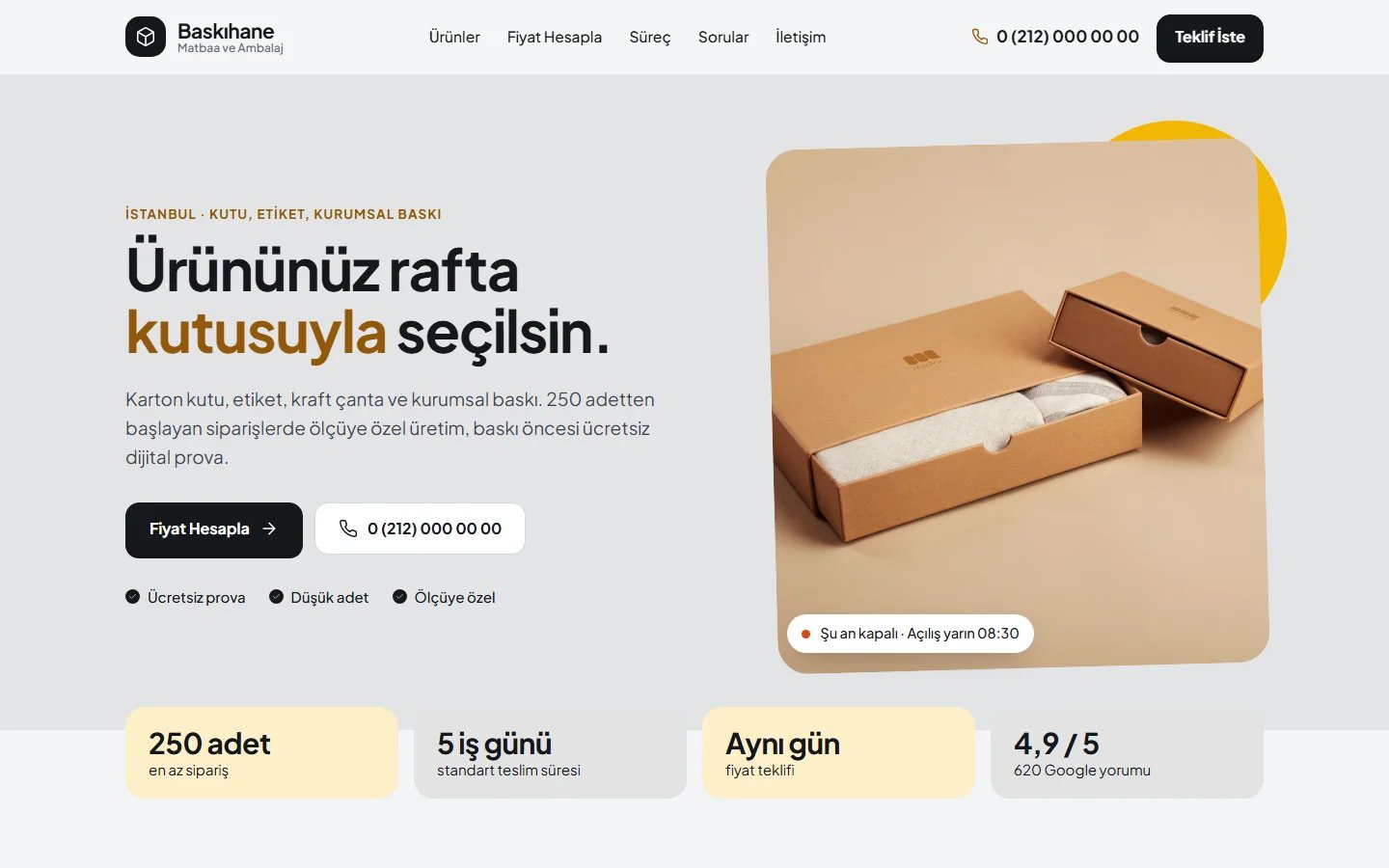 Matbaa ve Ambalaj için örnek web sitesinin masaüstü açılış ekranı