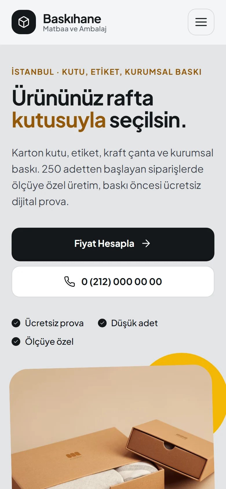 Matbaa ve Ambalaj için örnek web sitesinin telefon görünümü