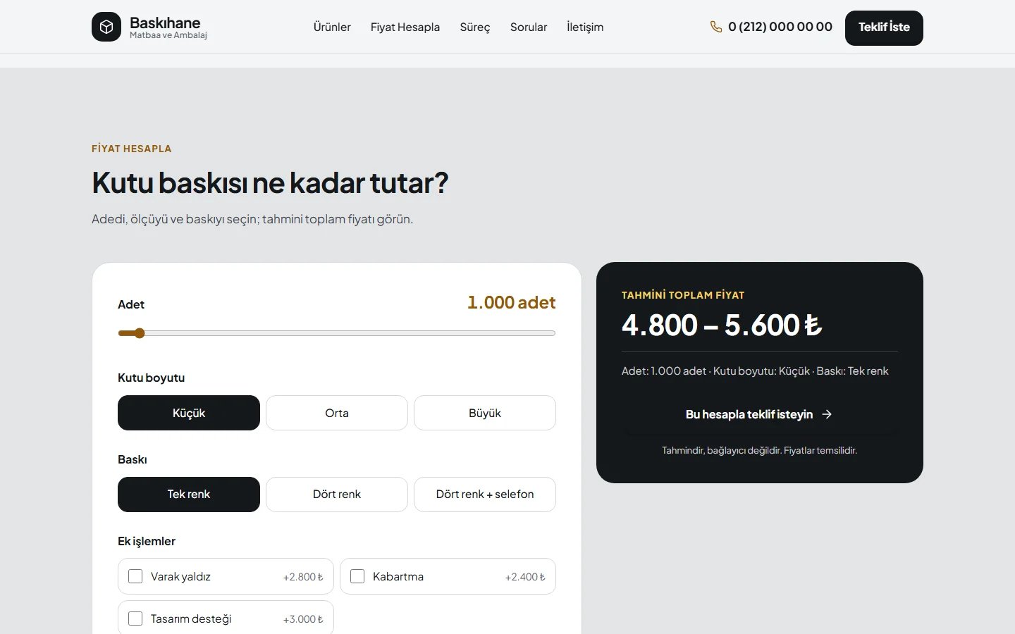 Matbaa ve Ambalaj örnek web sitesinde hesaplama aracı bölümü