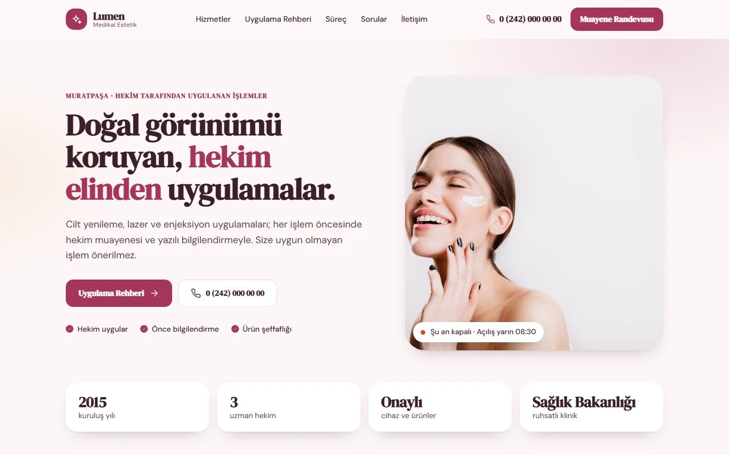 Medikal Estetik Kliniği için örnek web sitesinin masaüstü açılış ekranı