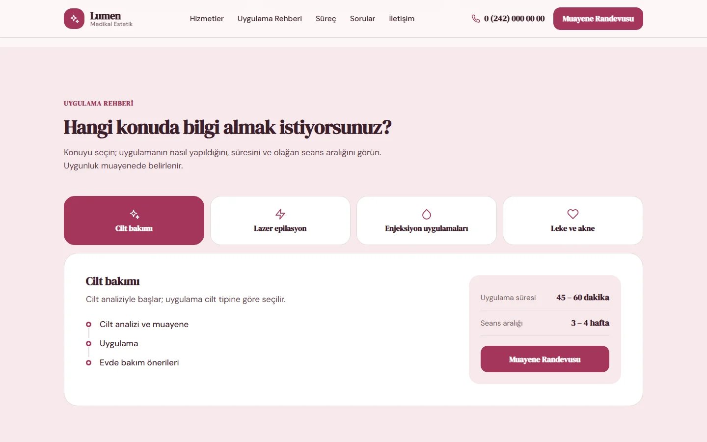 Medikal Estetik Kliniği örnek web sitesinde seçim aracı bölümü