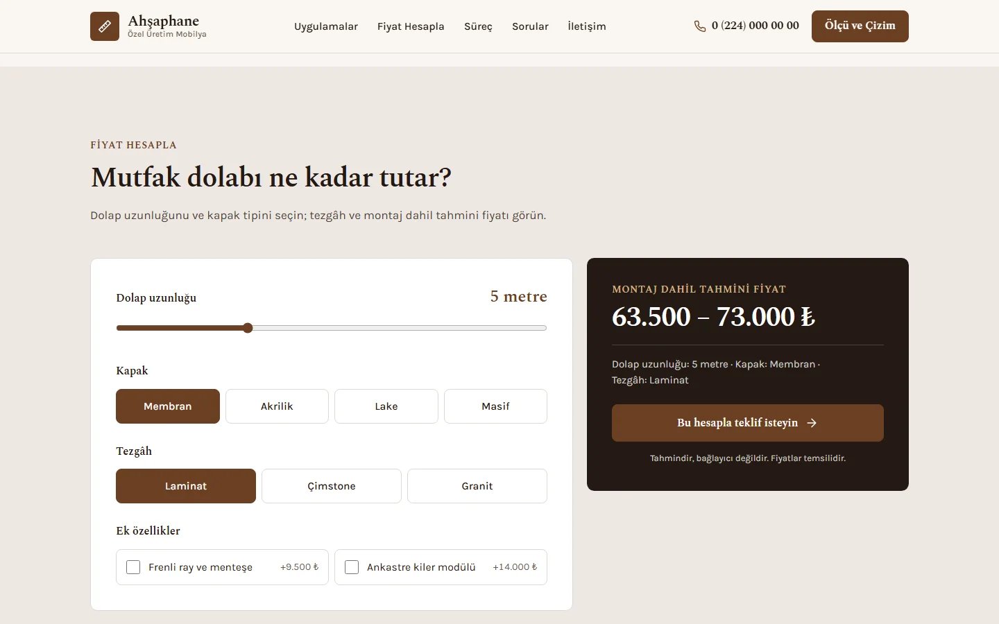 Mobilya İmalatı örnek web sitesinde hesaplama aracı bölümü