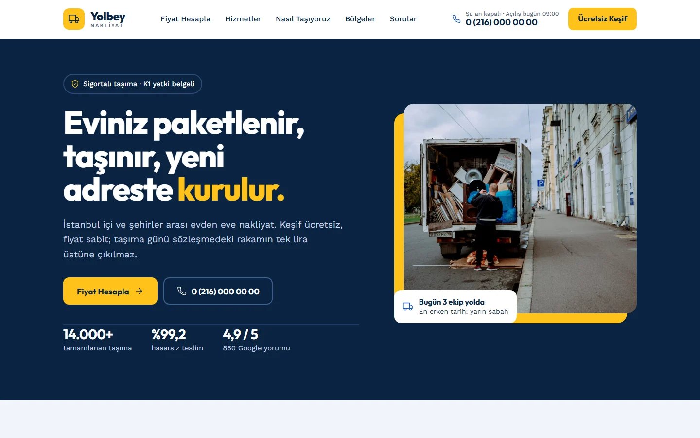 Nakliyat için örnek web sitesinin masaüstü açılış ekranı