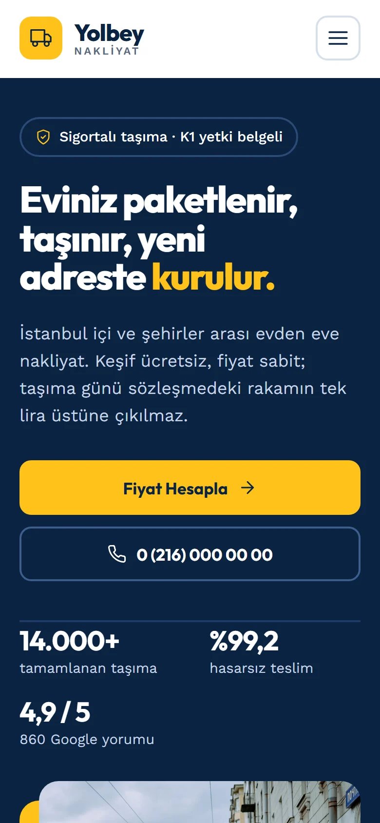 Nakliyat için örnek web sitesinin telefon görünümü