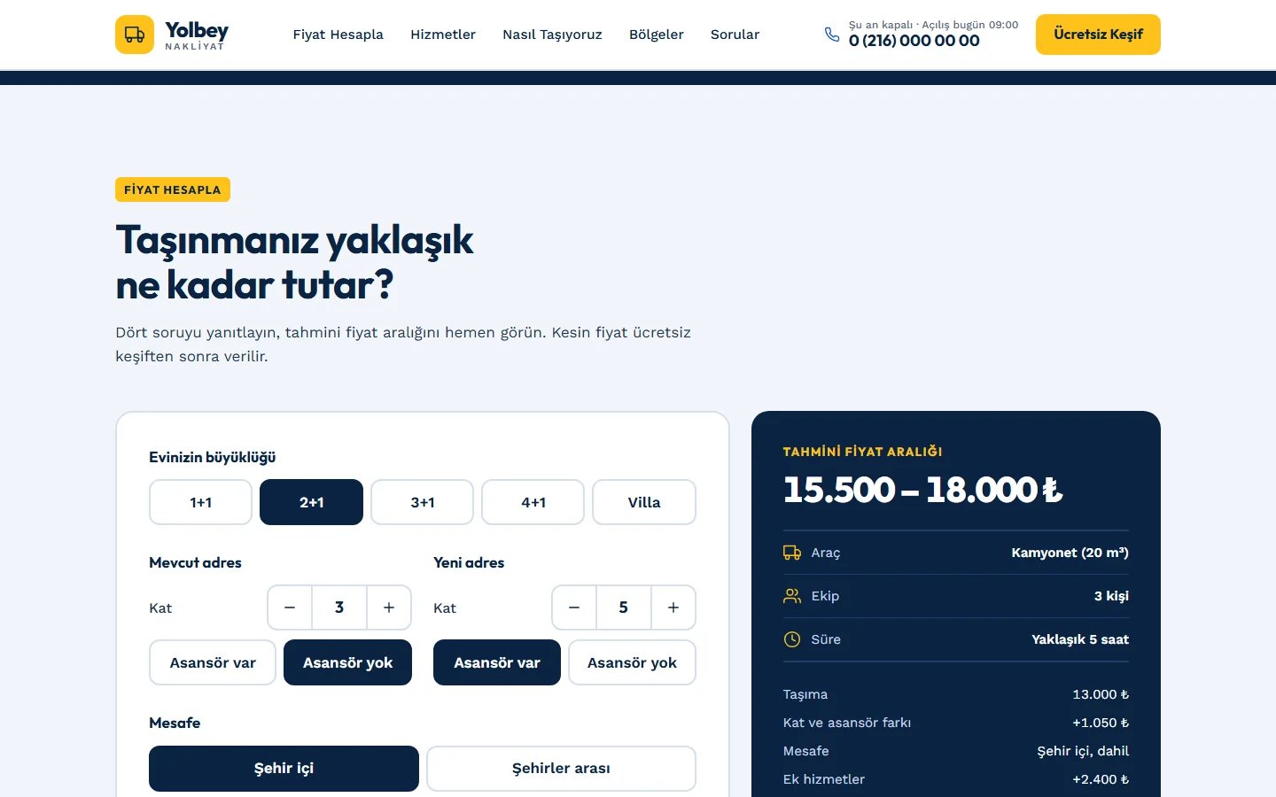 Nakliyat örnek web sitesinde canlı fiyat hesaplayıcı bölümü
