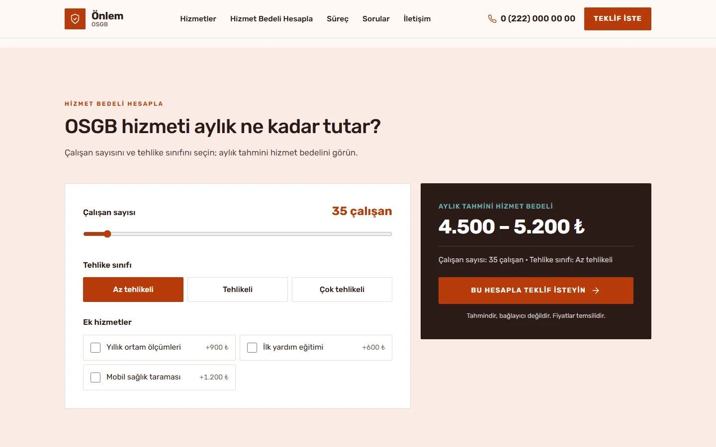 OSGB ve İş Güvenliği örnek web sitesinde hesaplama aracı bölümü