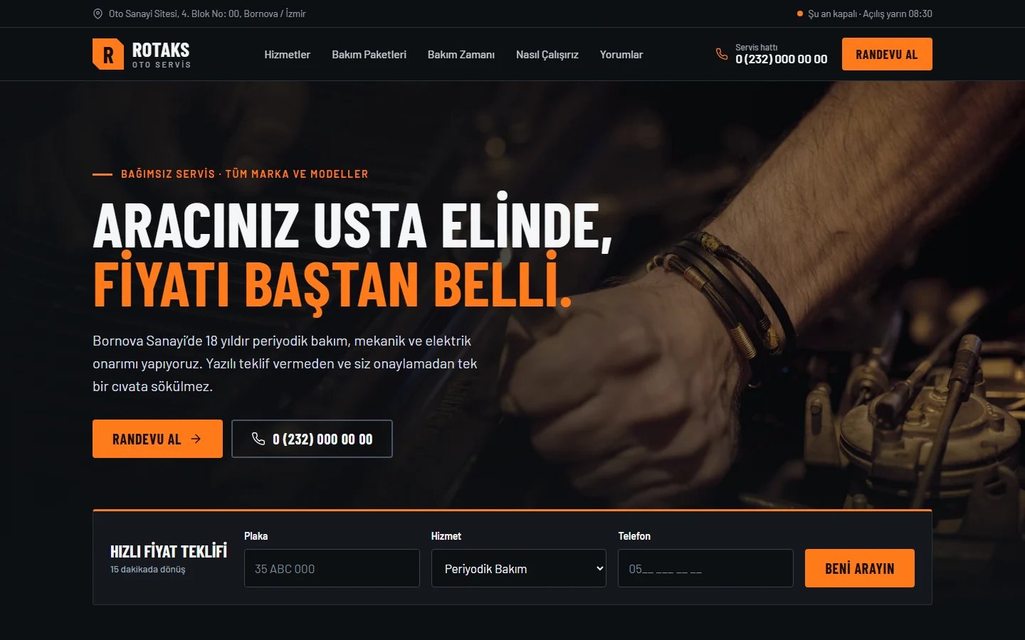 Oto Servis için örnek web sitesinin masaüstü açılış ekranı