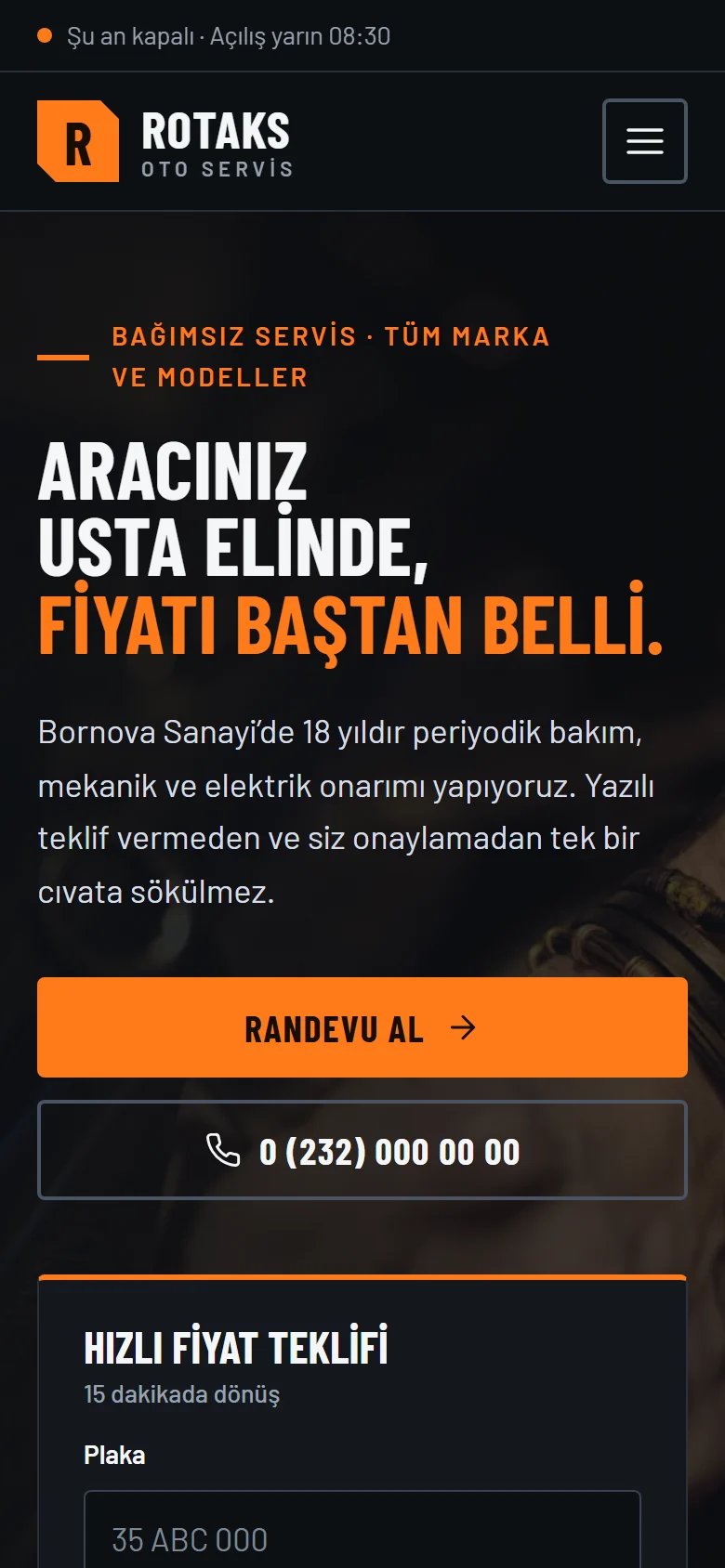 Oto Servis için örnek web sitesinin telefon görünümü