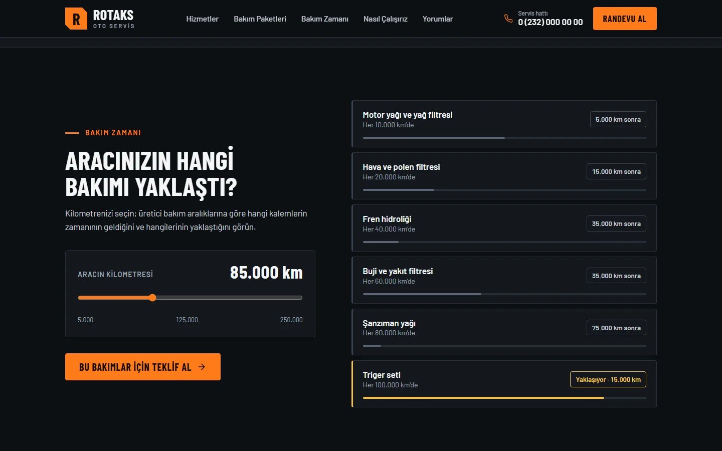 Oto Servis örnek web sitesinde kilometreye göre bakım aracı bölümü