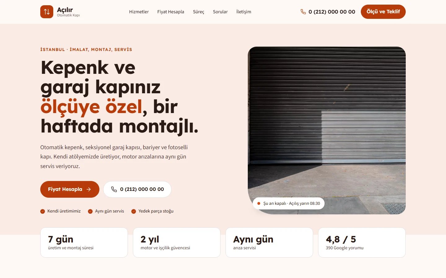 Otomatik Kapı ve Kepenk için örnek web sitesinin masaüstü açılış ekranı
