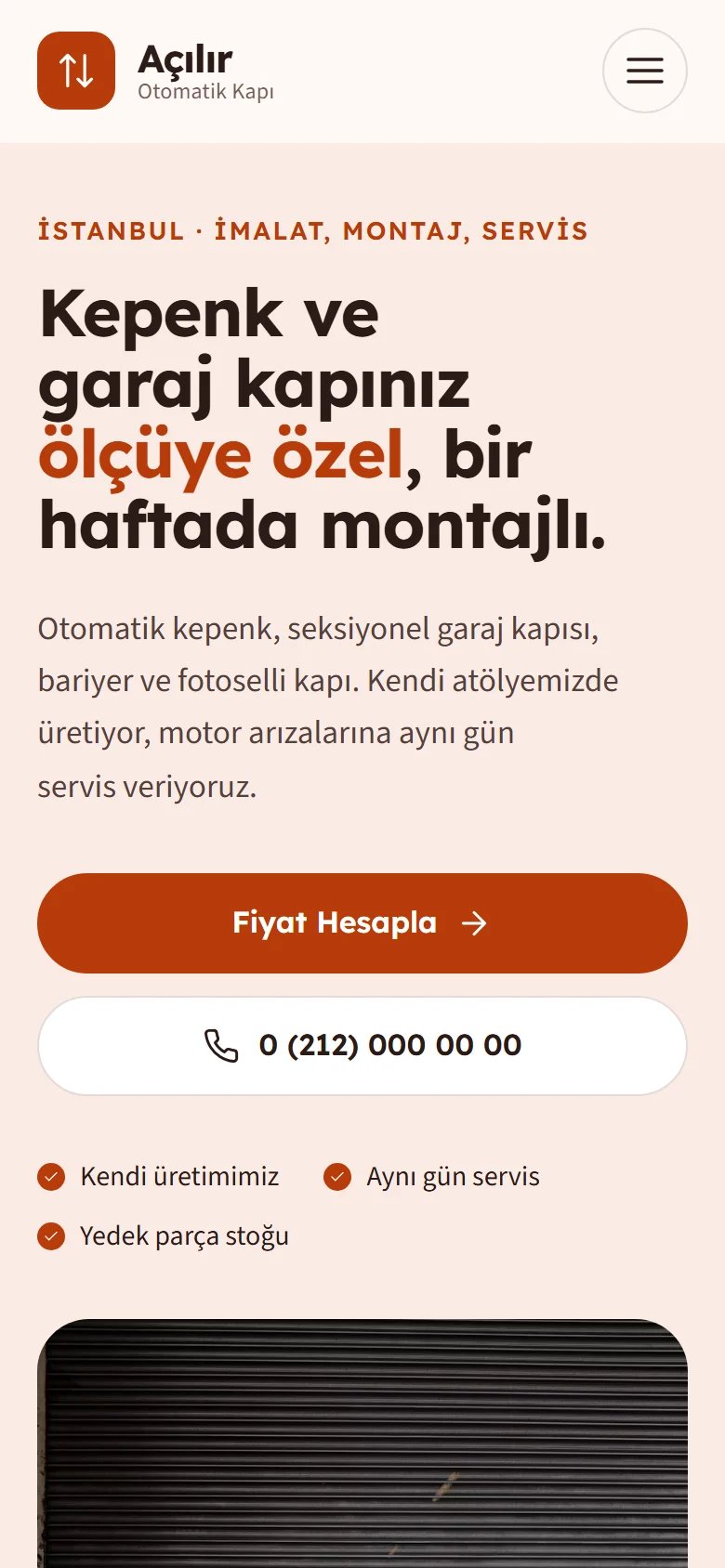 Otomatik Kapı ve Kepenk için örnek web sitesinin telefon görünümü