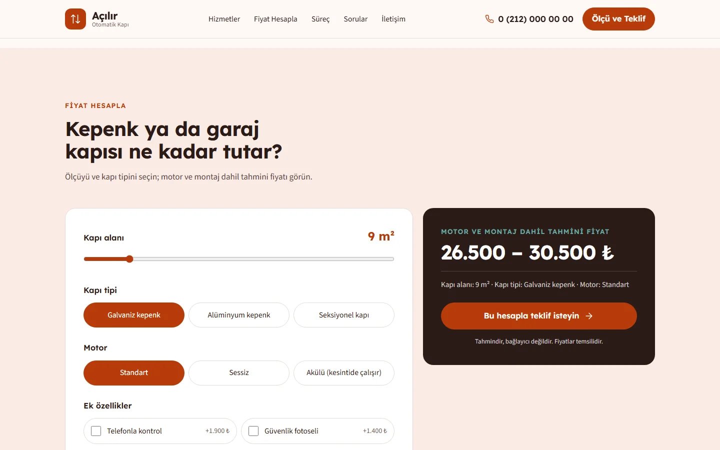 Otomatik Kapı ve Kepenk örnek web sitesinde hesaplama aracı bölümü