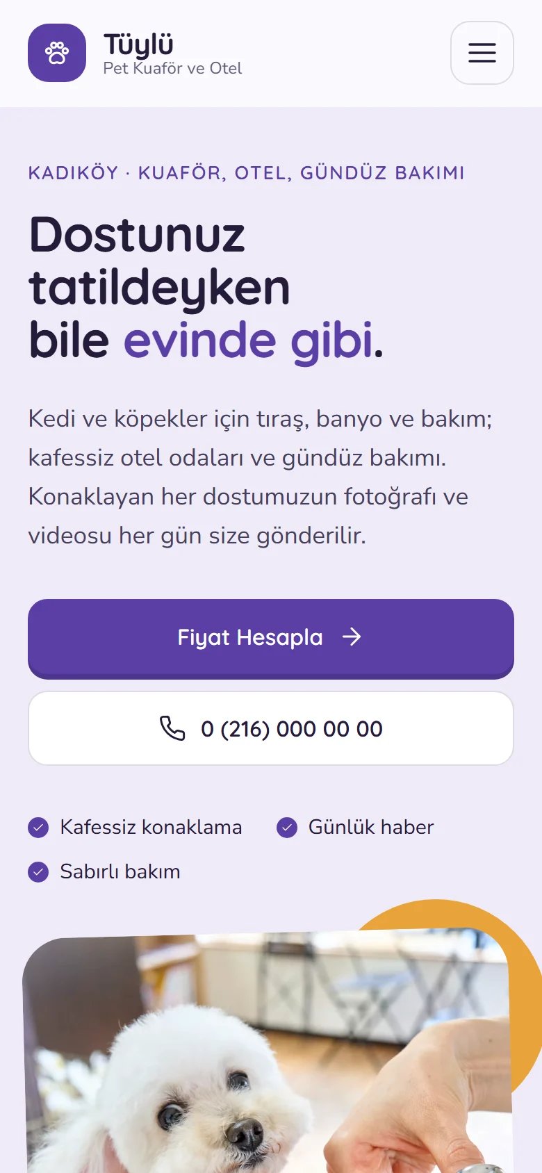 Pet Kuaförü ve Pet Oteli için örnek web sitesinin telefon görünümü