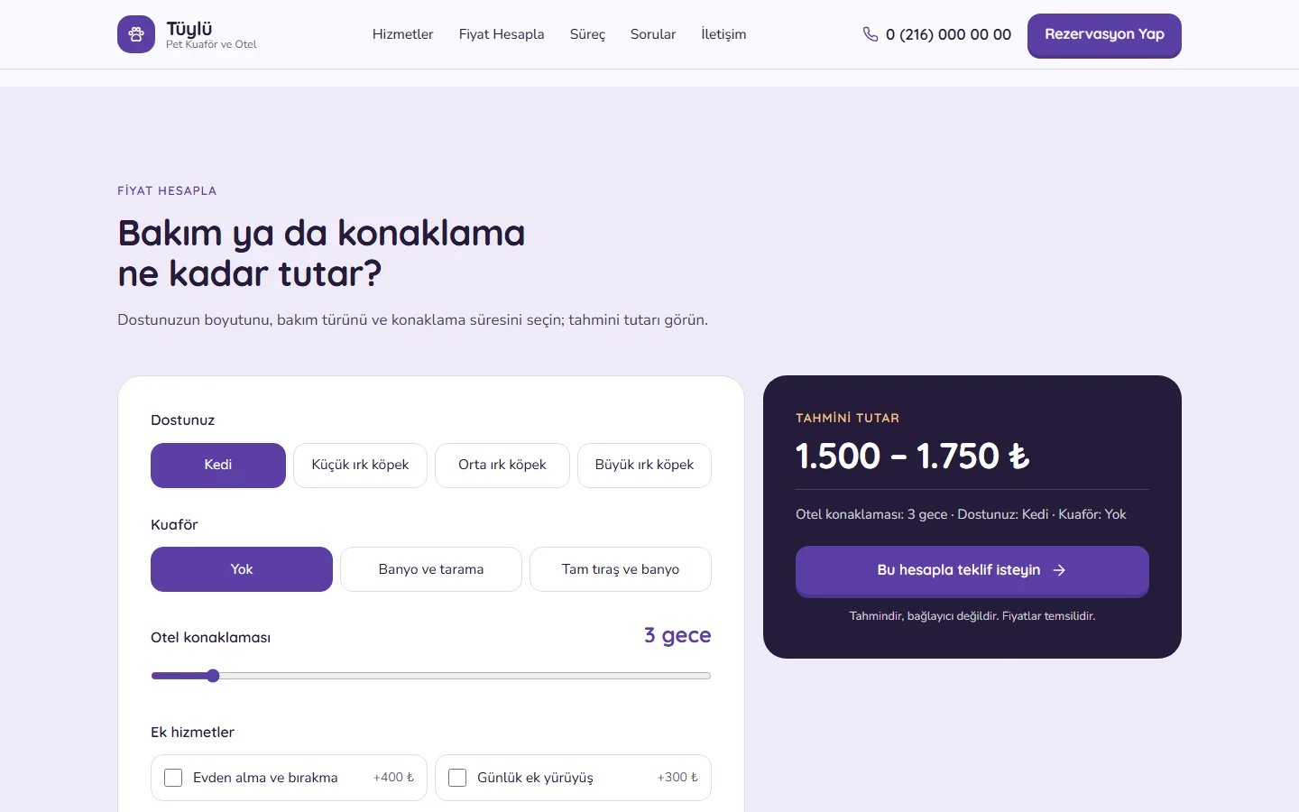 Pet Kuaförü ve Pet Oteli örnek web sitesinde hesaplama aracı bölümü