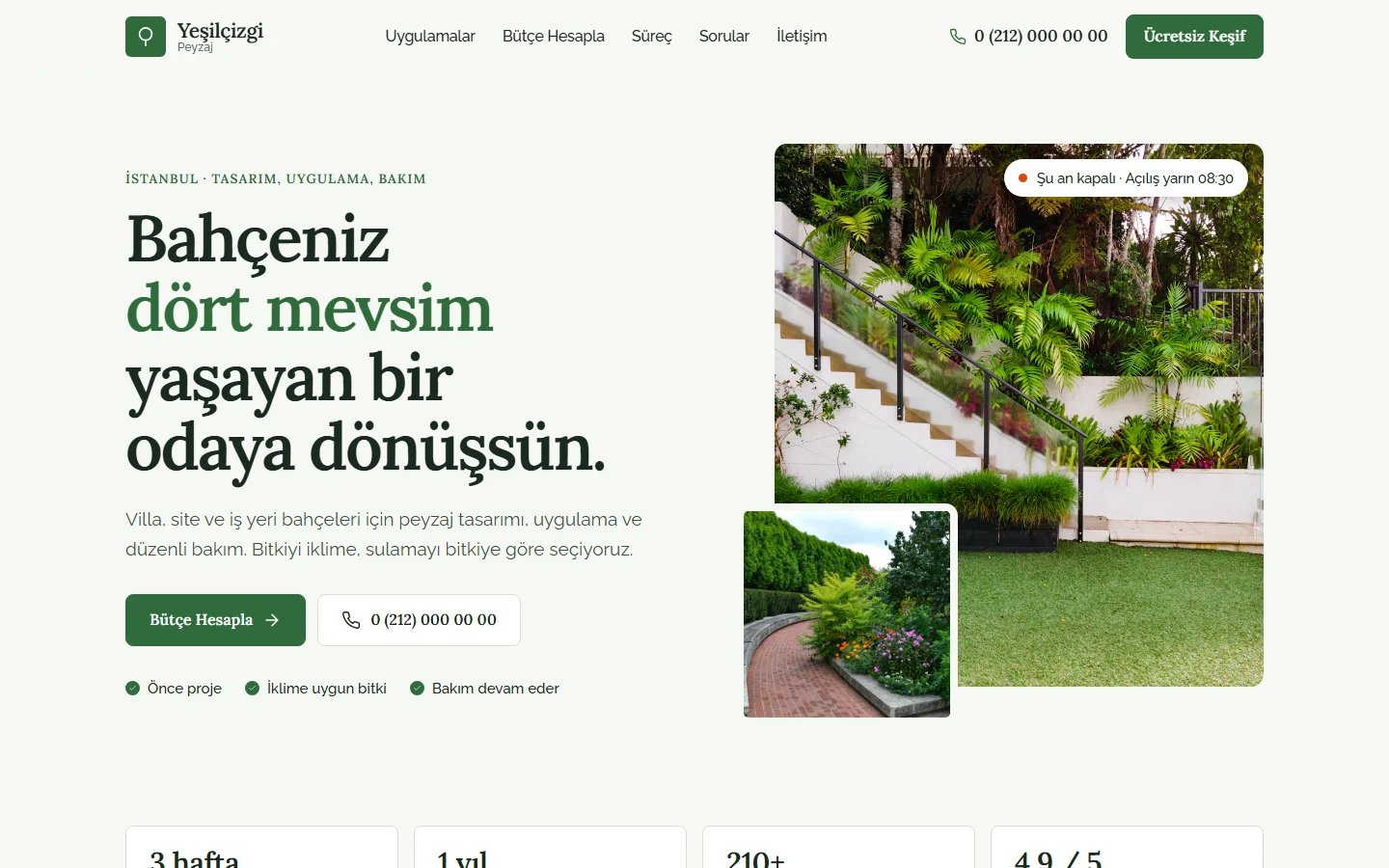 Peyzaj Firması için örnek web sitesinin masaüstü açılış ekranı