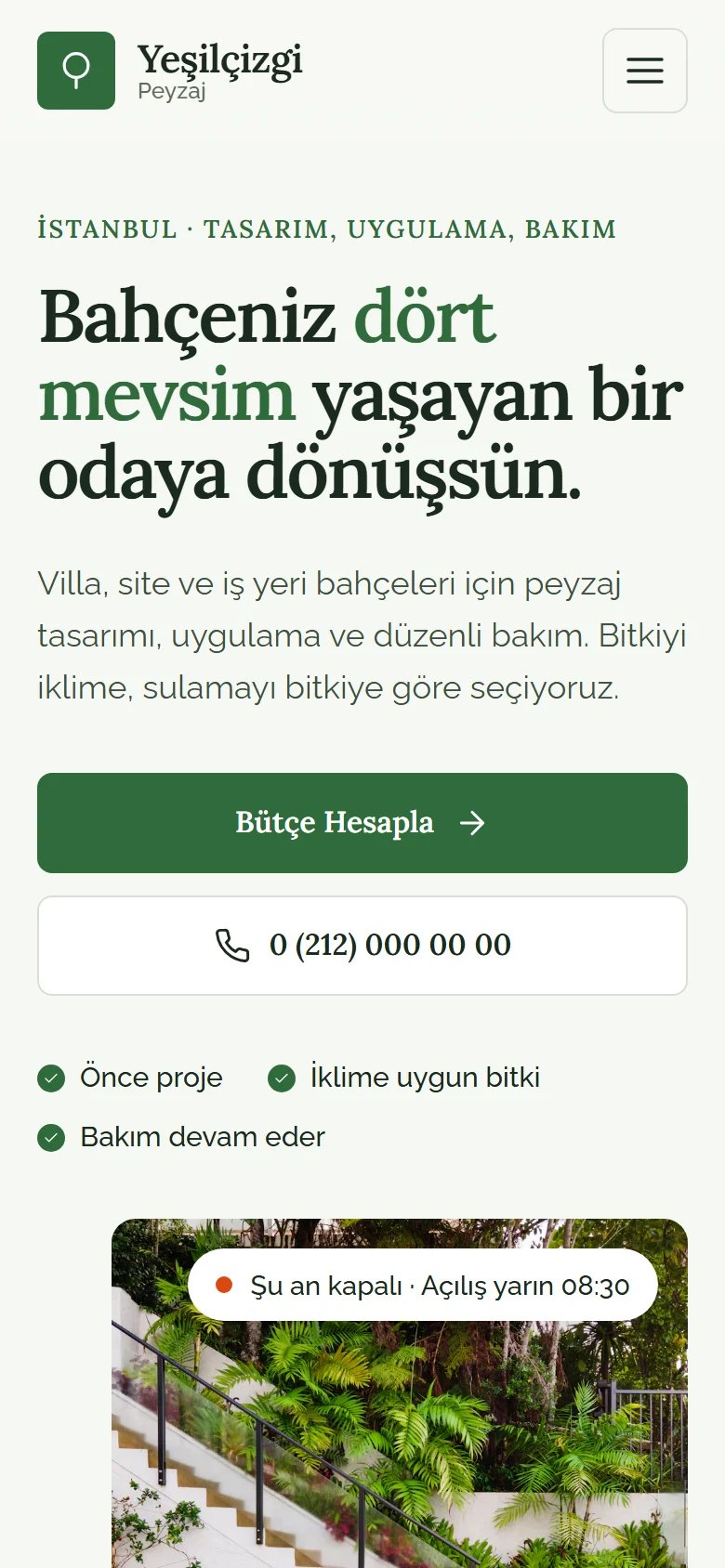 Peyzaj Firması için örnek web sitesinin telefon görünümü