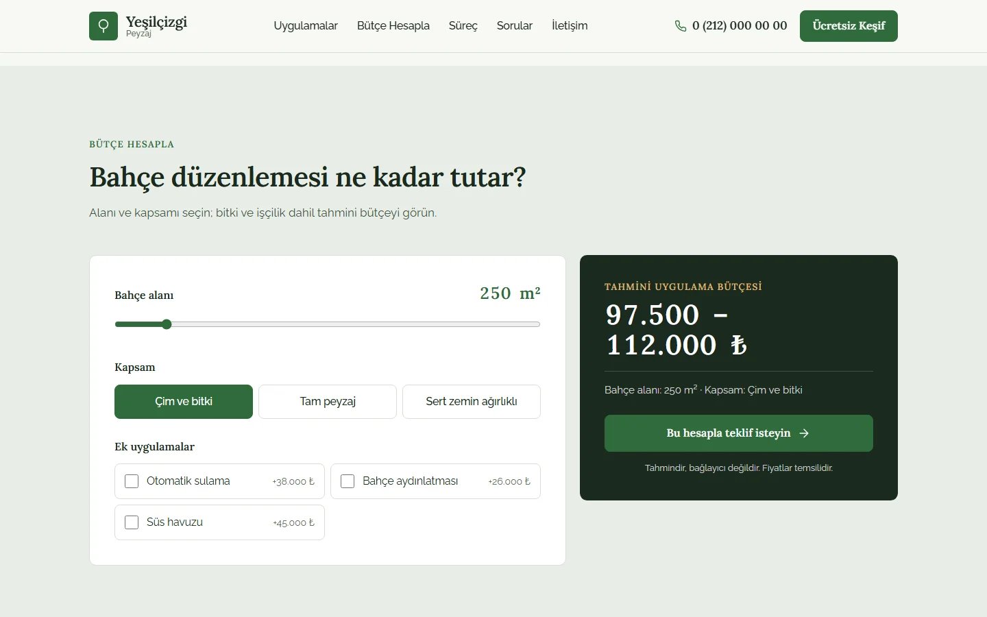 Peyzaj Firması örnek web sitesinde hesaplama aracı bölümü