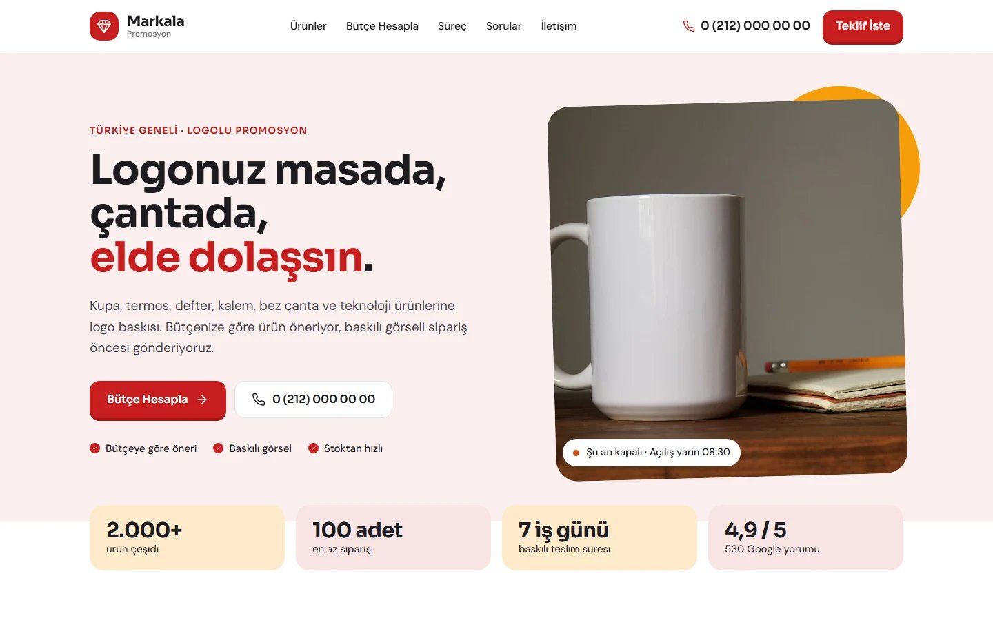 Promosyon Ürünleri için örnek web sitesinin masaüstü açılış ekranı