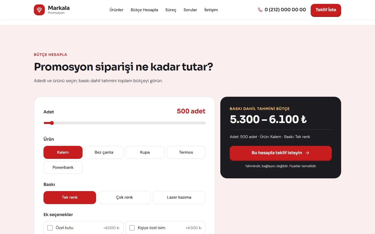 Promosyon Ürünleri örnek web sitesinde hesaplama aracı bölümü