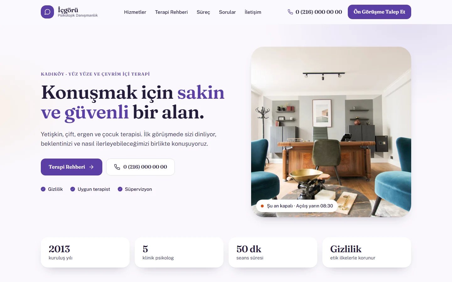 Psikolojik Danışmanlık için örnek web sitesinin masaüstü açılış ekranı