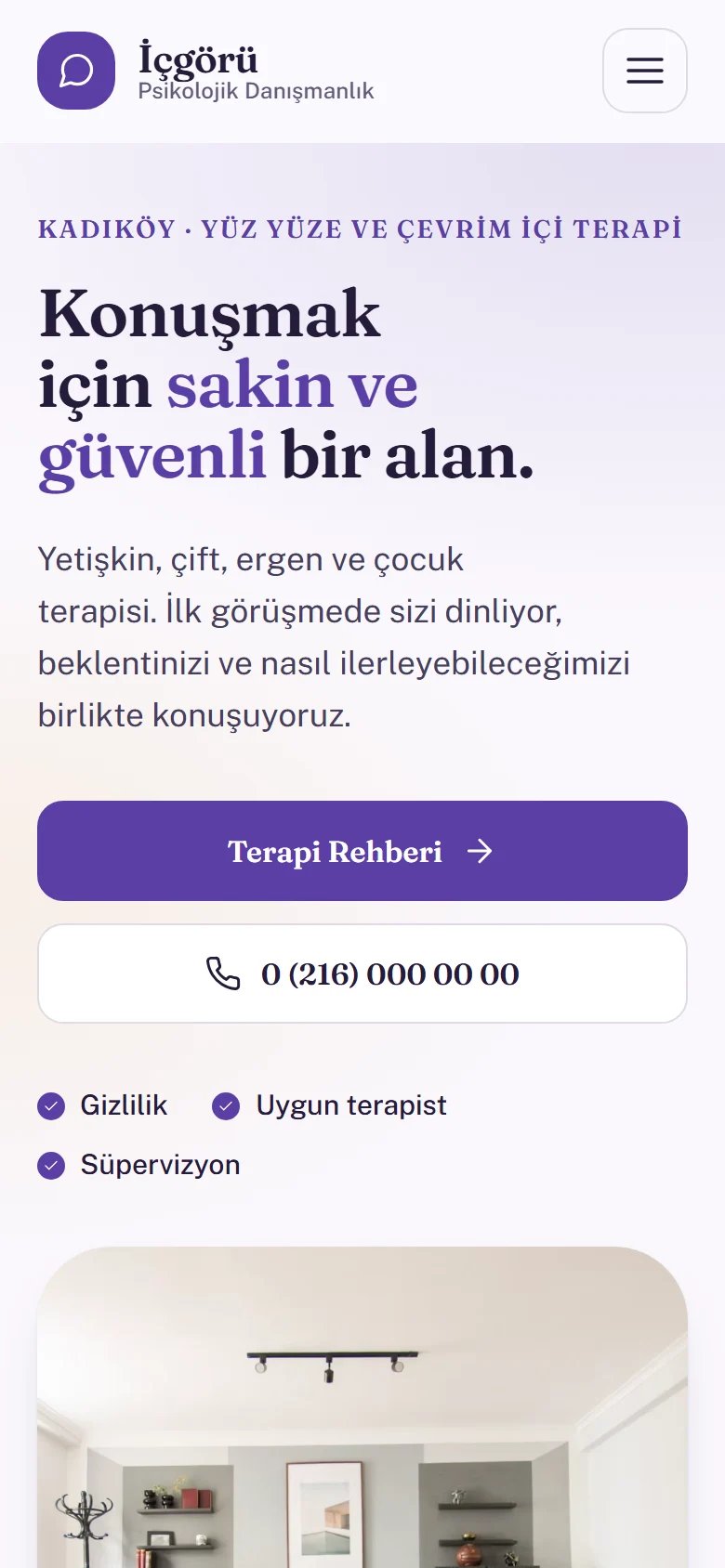 Psikolojik Danışmanlık için örnek web sitesinin telefon görünümü