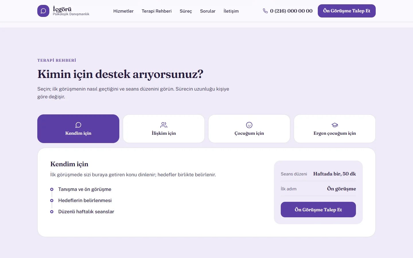 Psikolojik Danışmanlık örnek web sitesinde seçim aracı bölümü