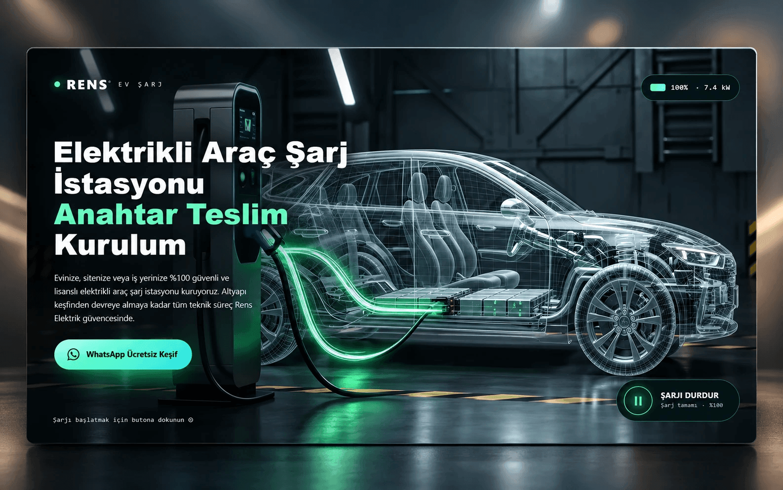 Rens Elektrik elektrikli araç şarj istasyonu sayfasının portföy sunumu