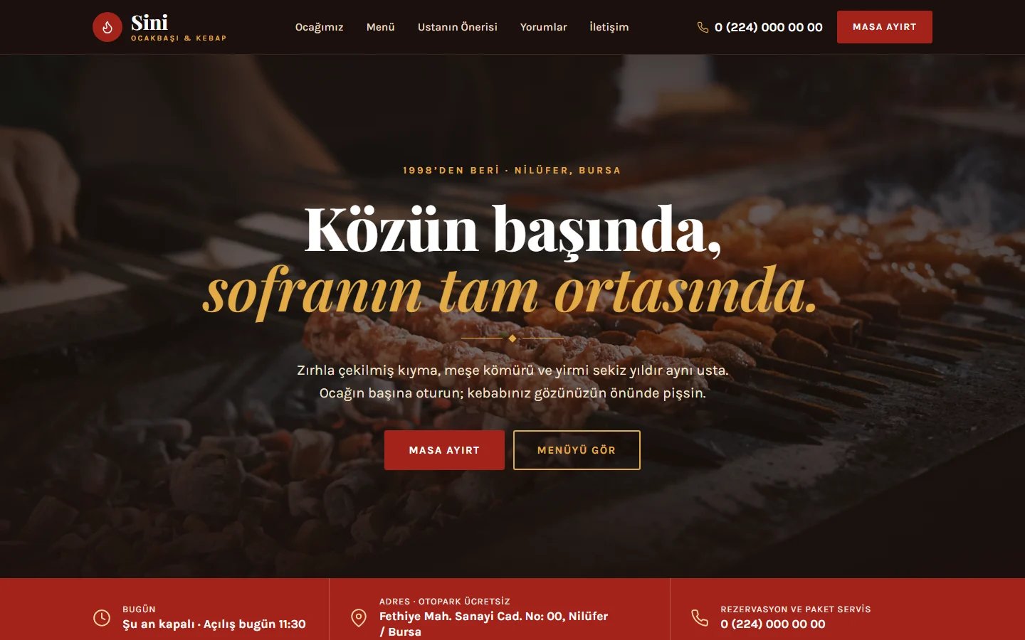 Restoran için örnek web sitesinin masaüstü açılış ekranı