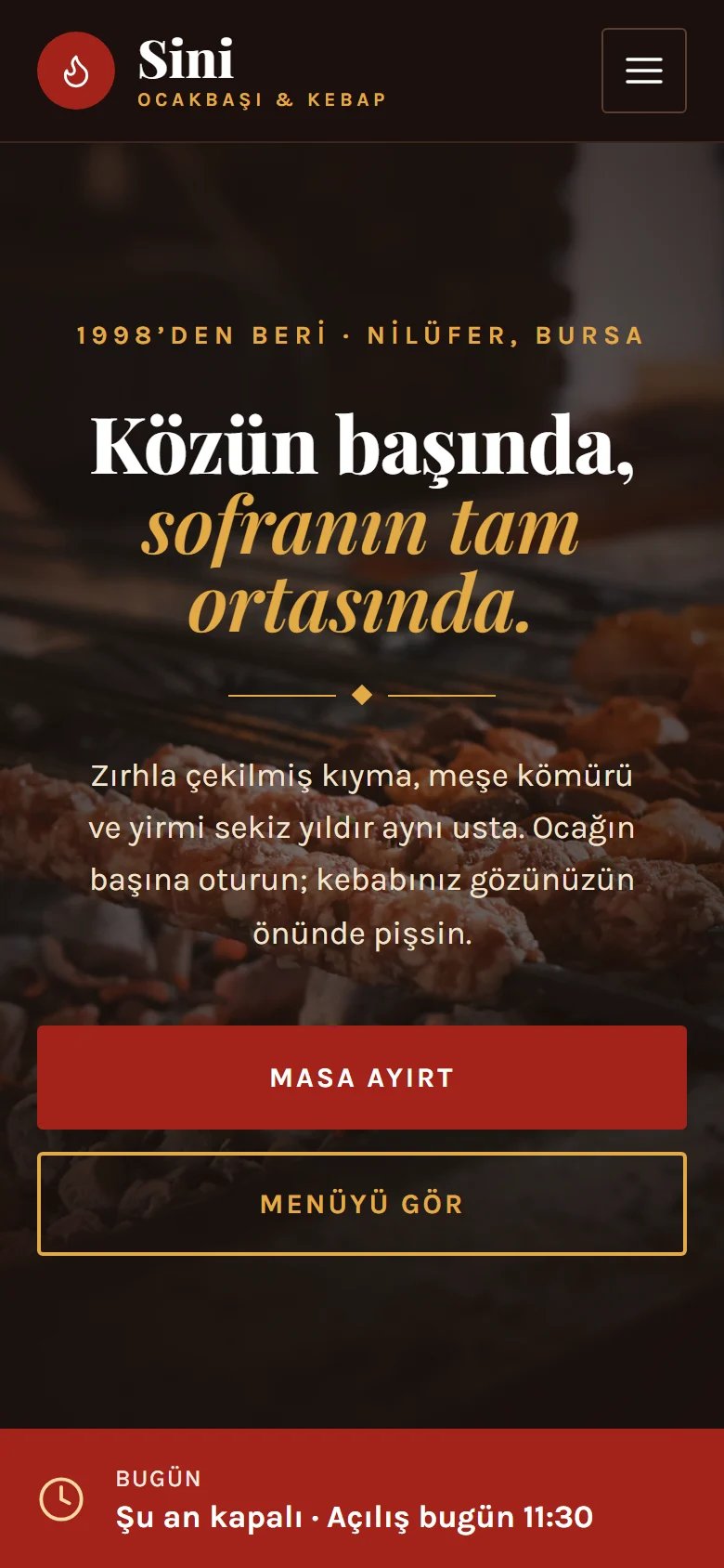 Restoran için örnek web sitesinin telefon görünümü