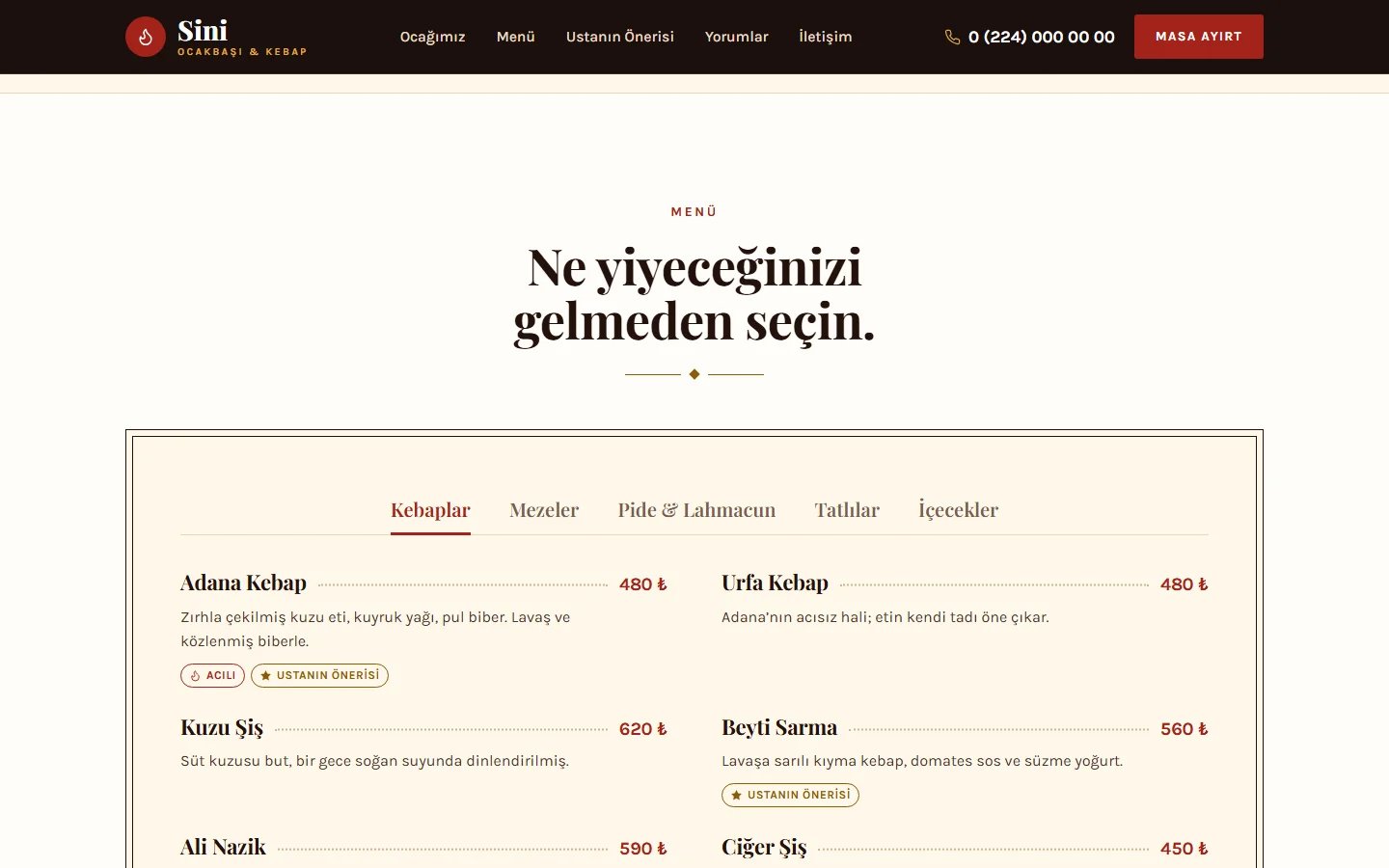 Restoran örnek web sitesinde sekmeli, fiyatlı menü bölümü