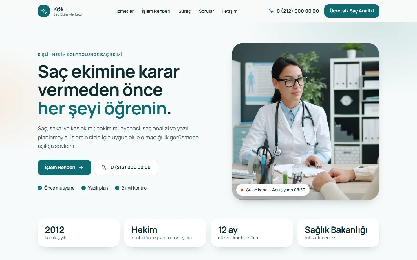 Saç Ekim Merkezi için örnek web sitesinin masaüstü açılış ekranı