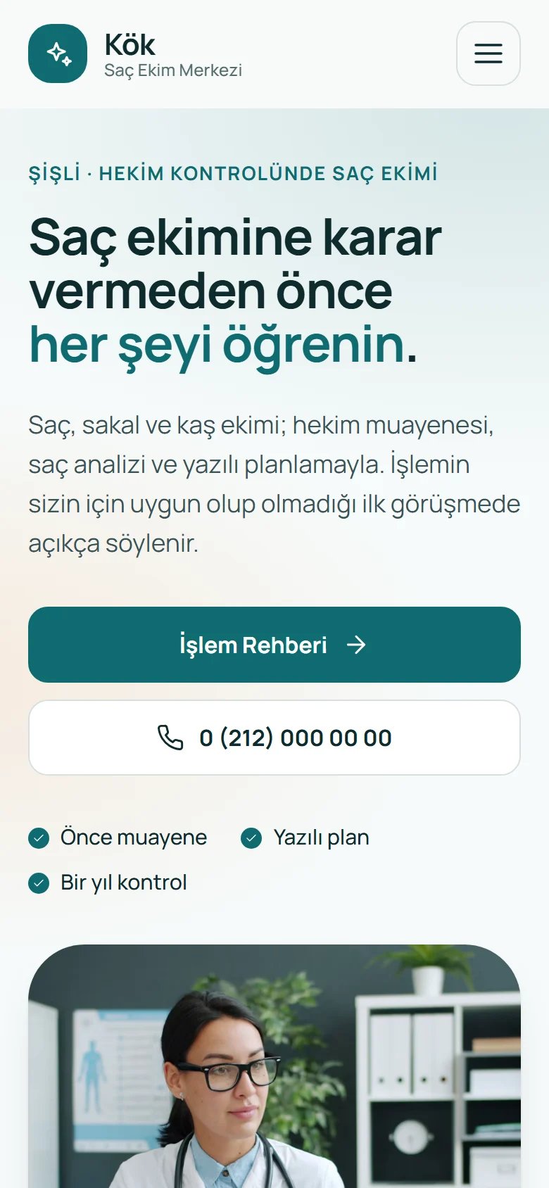 Saç Ekim Merkezi için örnek web sitesinin telefon görünümü