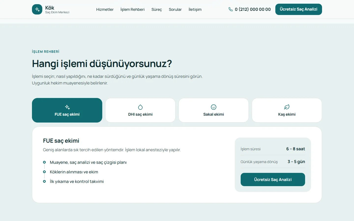 Saç Ekim Merkezi örnek web sitesinde seçim aracı bölümü