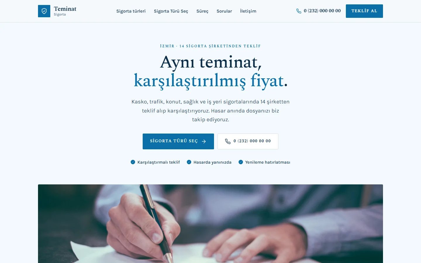 Sigorta Acentesi için örnek web sitesinin masaüstü açılış ekranı