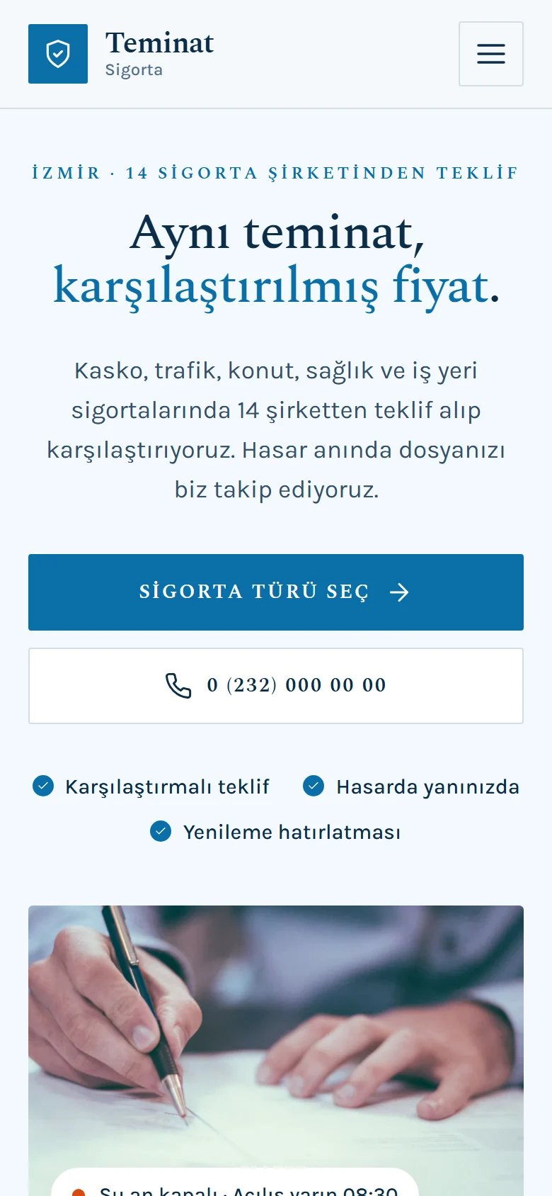 Sigorta Acentesi için örnek web sitesinin telefon görünümü