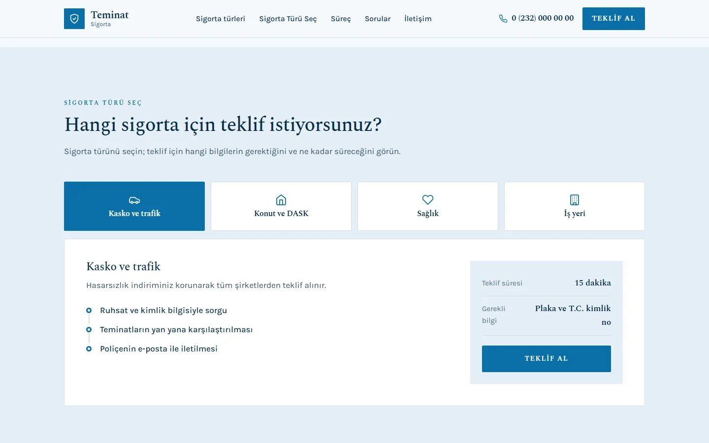 Sigorta Acentesi örnek web sitesinde seçim aracı bölümü