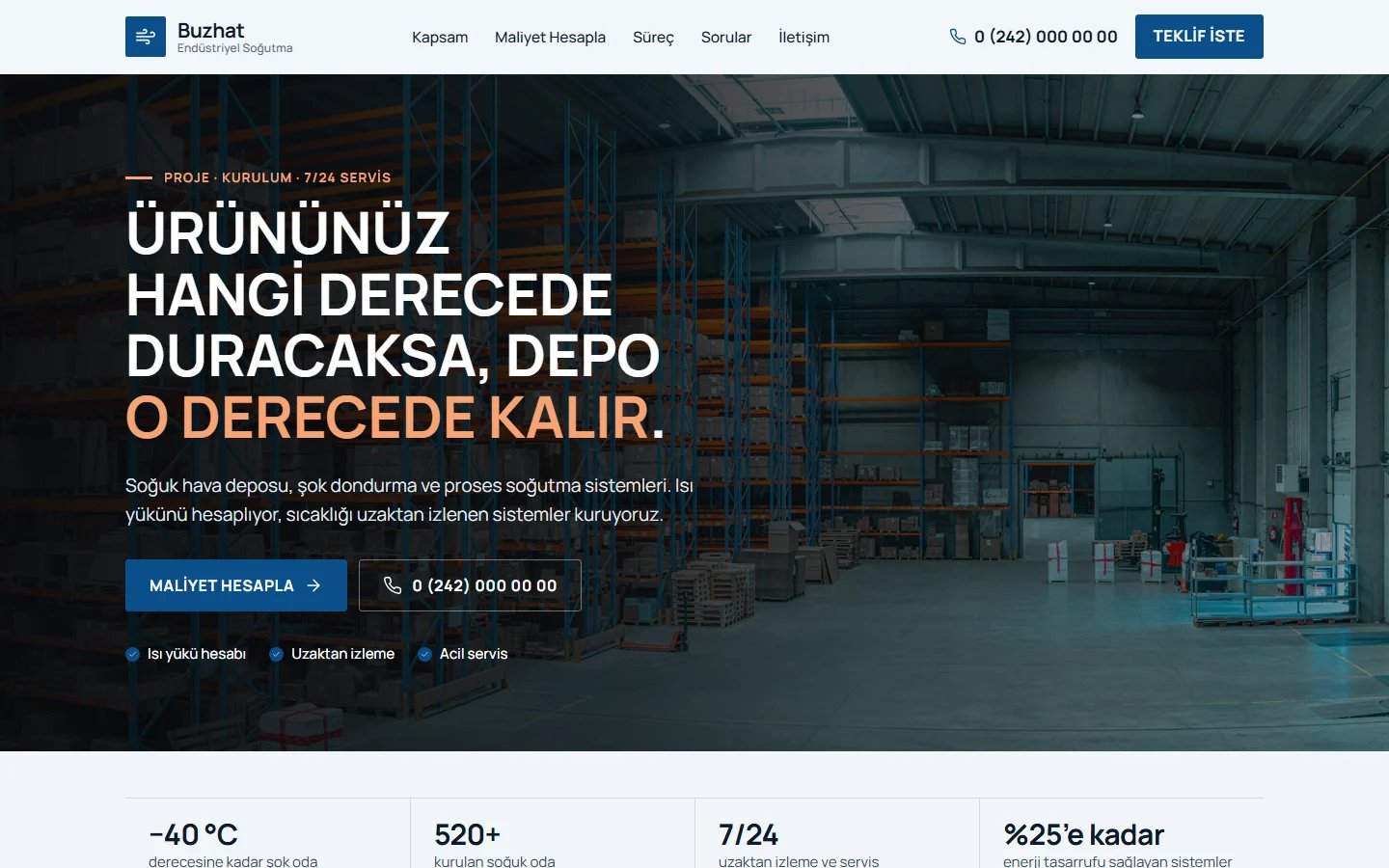 Soğuk Hava Deposu ve Soğutma için örnek web sitesinin masaüstü açılış ekranı
