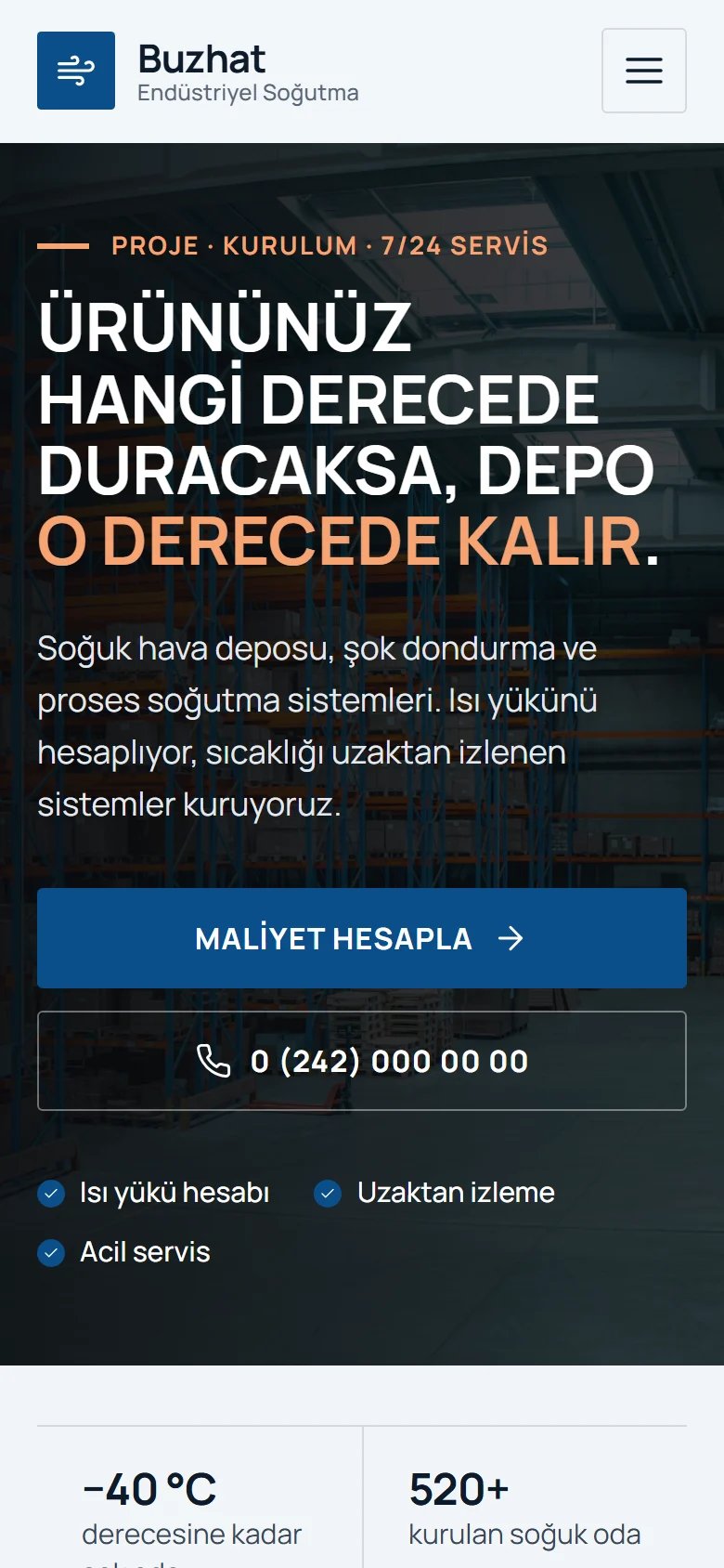 Soğuk Hava Deposu ve Soğutma için örnek web sitesinin telefon görünümü