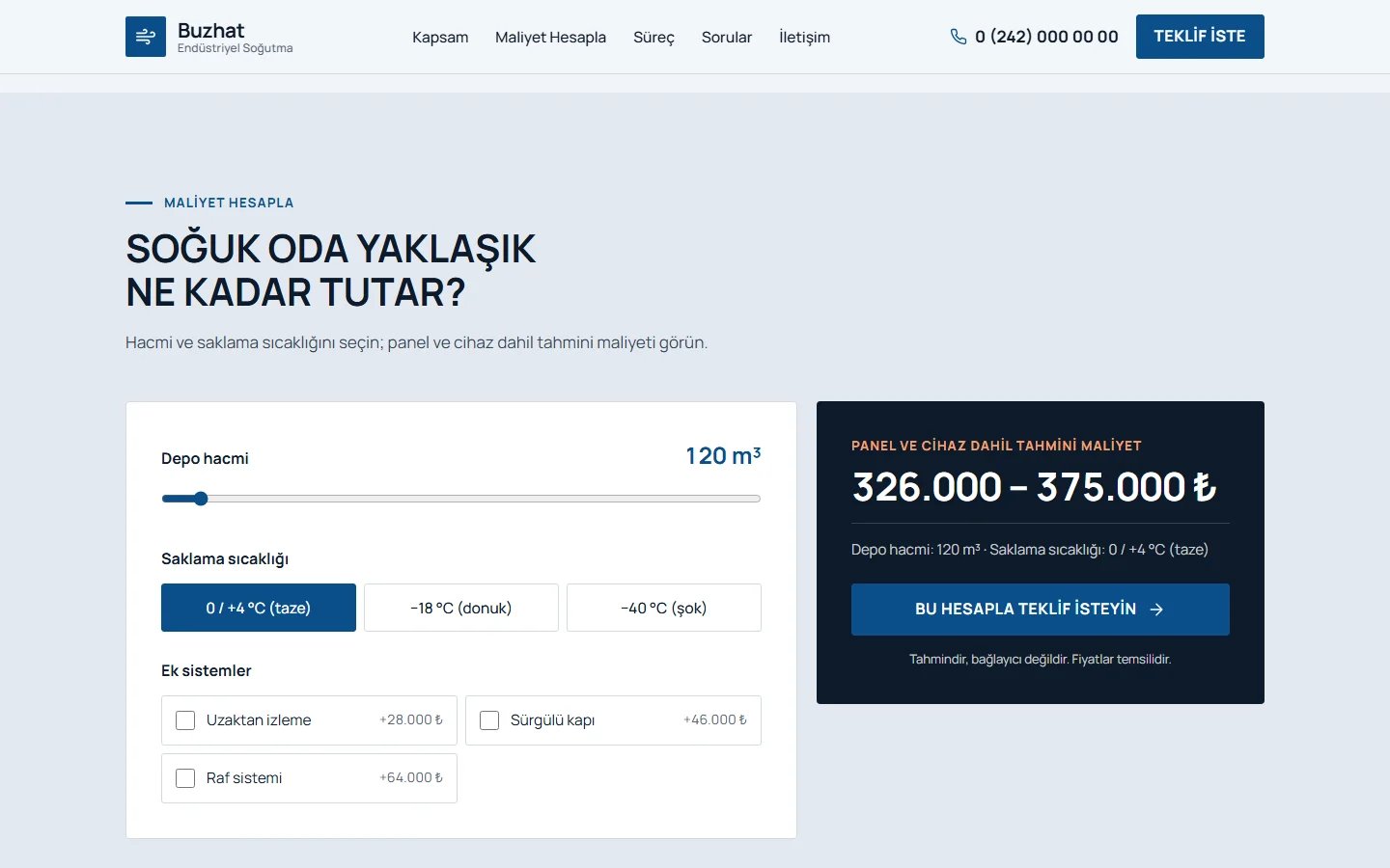 Soğuk Hava Deposu ve Soğutma örnek web sitesinde hesaplama aracı bölümü