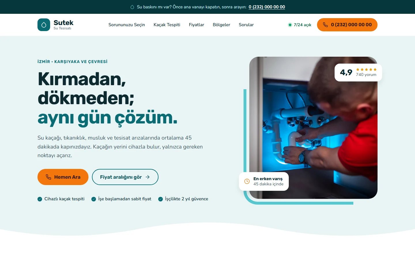 Su Tesisatçısı için örnek web sitesinin masaüstü açılış ekranı