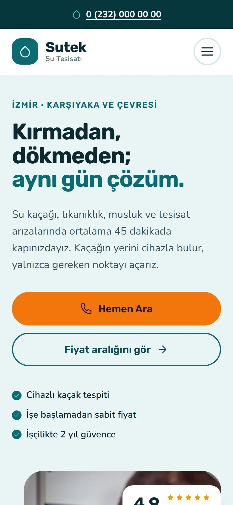 Su Tesisatçısı için örnek web sitesinin telefon görünümü