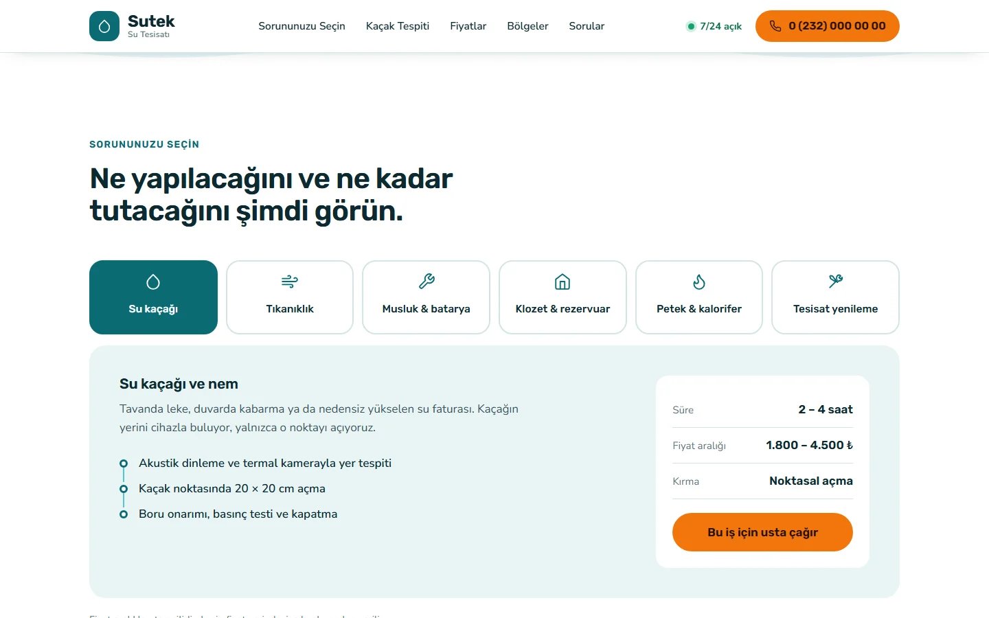 Su Tesisatçısı örnek web sitesinde sorun seçici bölümü