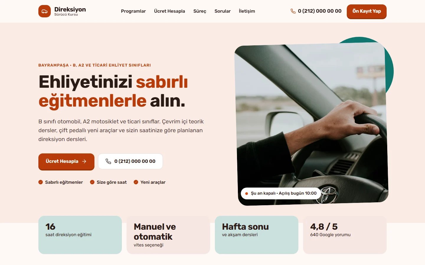 Sürücü Kursu için örnek web sitesinin masaüstü açılış ekranı