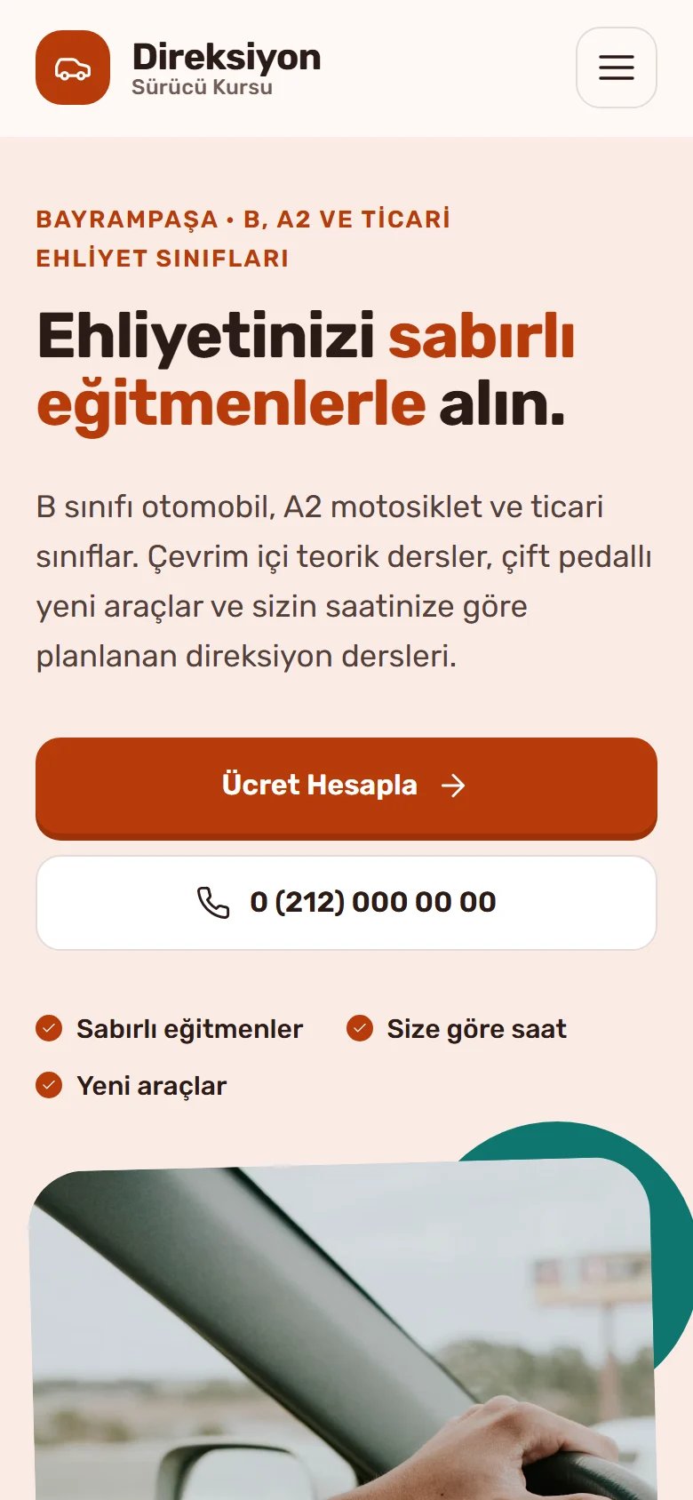 Sürücü Kursu için örnek web sitesinin telefon görünümü