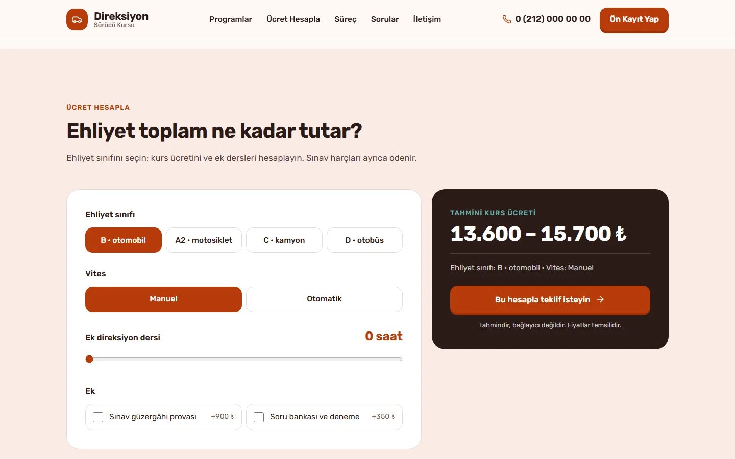 Sürücü Kursu örnek web sitesinde hesaplama aracı bölümü