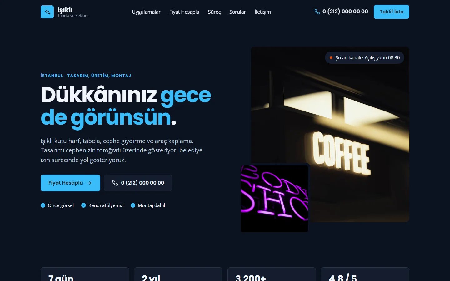 Tabela ve Reklam Üretimi için örnek web sitesinin masaüstü açılış ekranı