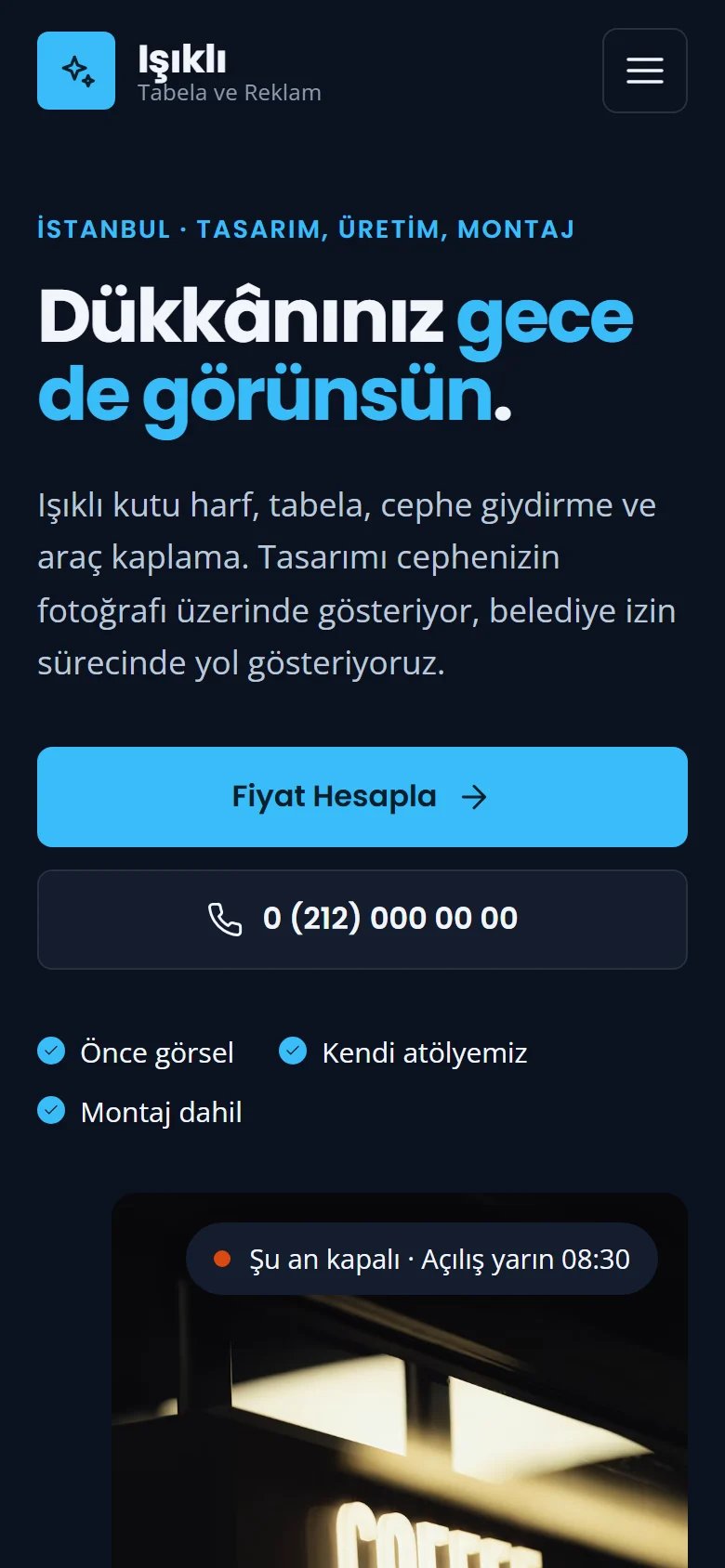 Tabela ve Reklam Üretimi için örnek web sitesinin telefon görünümü