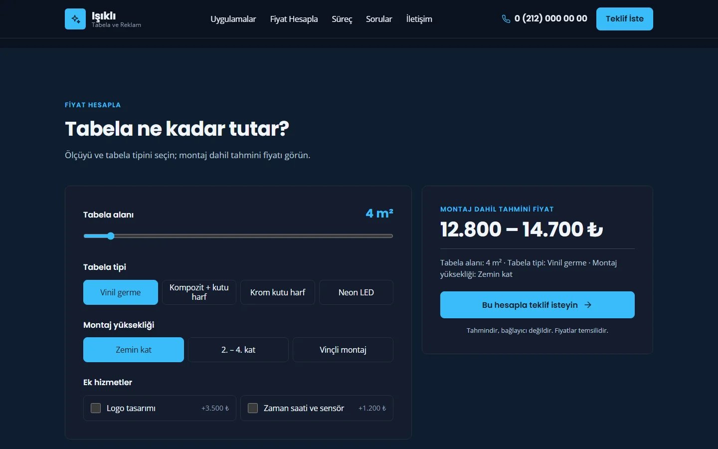 Tabela ve Reklam Üretimi örnek web sitesinde hesaplama aracı bölümü