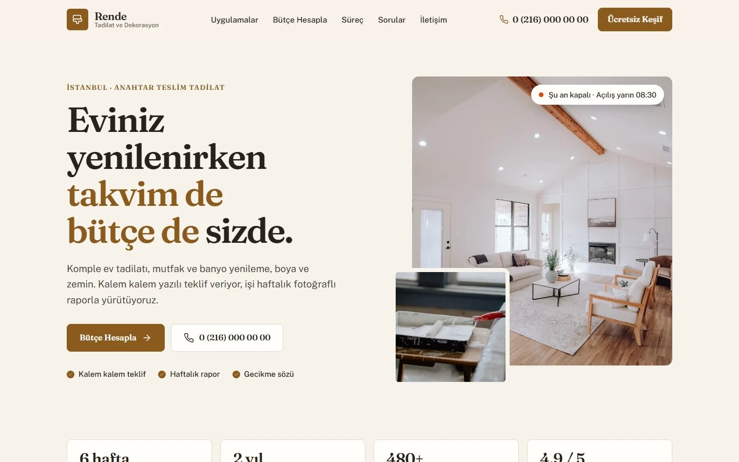 Tadilat ve Dekorasyon için örnek web sitesinin masaüstü açılış ekranı