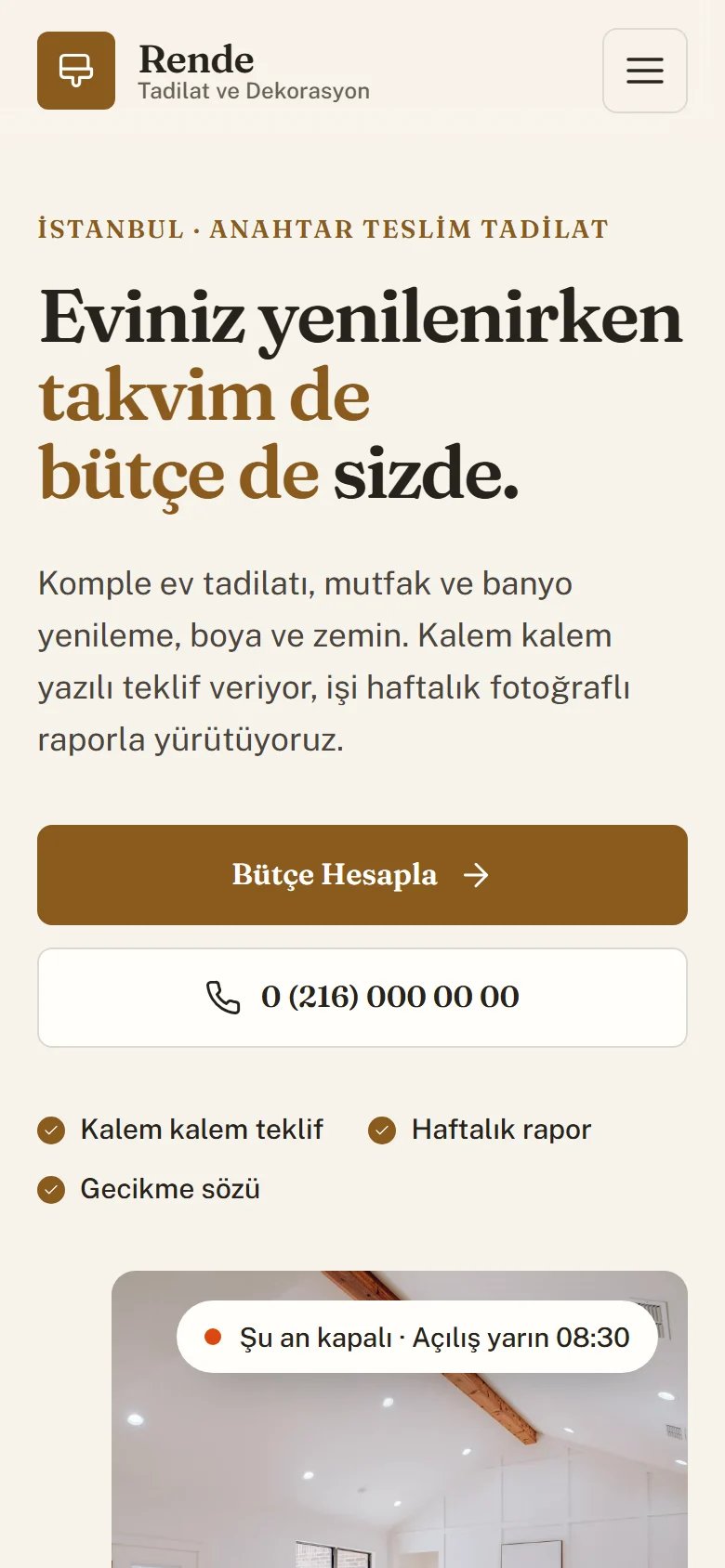 Tadilat ve Dekorasyon için örnek web sitesinin telefon görünümü